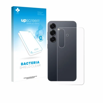 Face avant d’un emballage produit avec le logo de la marque upscreen. À côté, l’appareil Samsung Galaxy S25 (Arrière) est repr