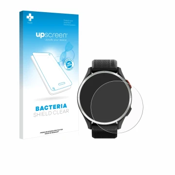 Face avant d’un emballage produit avec le logo de la marque upscreen. À côté, l’appareil Garmin Approach S44 est représenté av