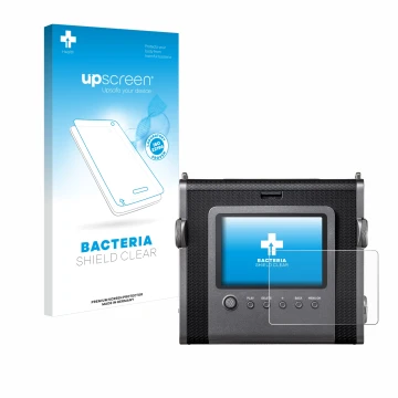 Face avant d’un emballage produit avec le logo de la marque upscreen. À côté, l’appareil Fujifilm Instax Wide Evo est représen