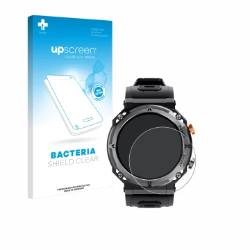 Face avant d’un emballage produit avec le logo de la marque upscreen. À côté, l’appareil Darmowade Smartwatch 1.39