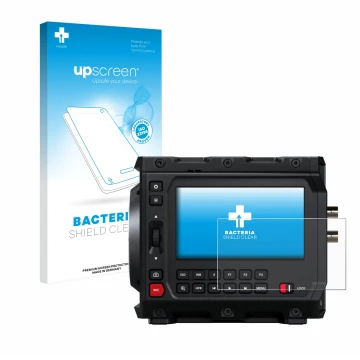 Face avant d’un emballage produit avec le logo de la marque upscreen. À côté, l’appareil Blackmagic Design Pyxis 6K 4