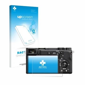 Face avant d’un emballage produit avec le logo de la marque upscreen. À côté, l’appareil Sony Alpha 6100A est représenté avec 