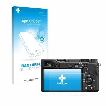 Face avant d’un emballage produit avec le logo de la marque upscreen. À côté, l’appareil Sony Alpha 6400A est représenté avec 