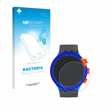 Face avant d’un emballage produit avec le logo de la marque upscreen. À côté, l’appareil Swatch Neon Party est représenté avec