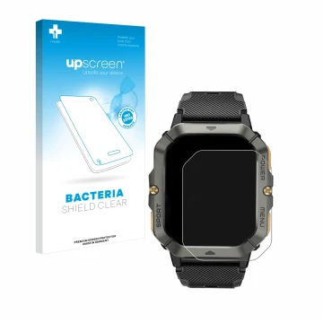 Face avant d’un emballage produit avec le logo de la marque upscreen. À côté, l’appareil Banlvs Smartwatch 2.02