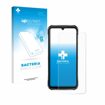 Face avant d’un emballage produit avec le logo de la marque upscreen. À côté, l’appareil Doogee S119 est représenté avec la pr