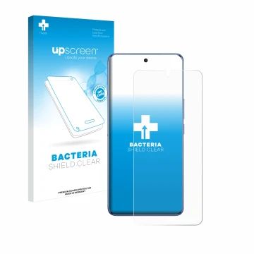 Face avant d’un emballage produit avec le logo de la marque upscreen. À côté, l’appareil Vivo V50 est représenté avec la prote