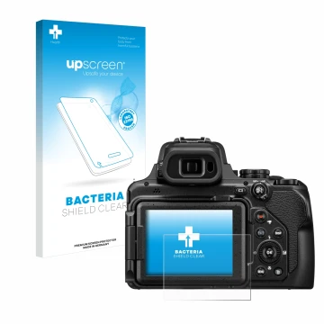 Face avant d’un emballage produit avec le logo de la marque upscreen. À côté, l’appareil Nikon Coolpix P1100 est représenté av