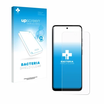 Face avant d’un emballage produit avec le logo de la marque upscreen. À côté, l’appareil Motorola Moto E15 est représenté avec