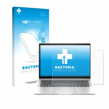 Face avant d’un emballage produit avec le logo de la marque upscreen. À côté, l’appareil HP EliteBook X Flip G1i 14