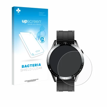 Face avant d’un emballage produit avec le logo de la marque upscreen. À côté, l’appareil Tracer Smartwatch SM9 est représenté 