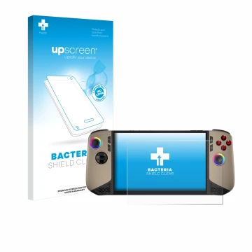 Face avant d’un emballage produit avec le logo de la marque upscreen. À côté, l’appareil MSI Claw 8 AI+ est représenté avec la