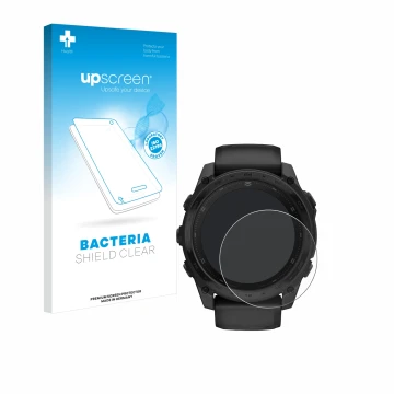 Face avant d’un emballage produit avec le logo de la marque upscreen. À côté, l’appareil Garmin Tactix 8 AMOLED (51 mm) est re