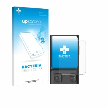 Face avant d’un emballage produit avec le logo de la marque upscreen. À côté, l’appareil Hoverair Beacon est représenté avec l