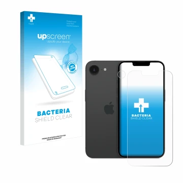 Face avant d’un emballage produit avec le logo de la marque upscreen. À côté, l’appareil Apple iPhone 16e (Avant+Caméra) est r