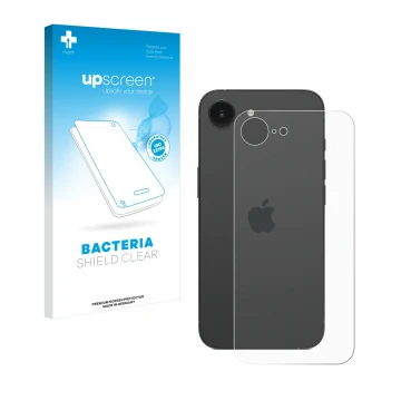 Face avant d’un emballage produit avec le logo de la marque upscreen. À côté, l’appareil Apple iPhone 16e (Arrière) est représ