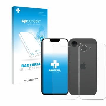 Face avant d’un emballage produit avec le logo de la marque upscreen. À côté, l’appareil Apple iPhone 16e (Avant+Arrière) est 