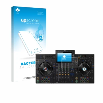 Face avant d’un emballage produit avec le logo de la marque upscreen. À côté, l’appareil Pioneer XDJ-AZ est représenté avec la