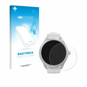Face avant d’un emballage produit avec le logo de la marque upscreen. À côté, l’appareil Hama Smartwatch 5010 est représenté a