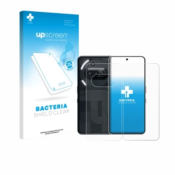 Face avant d’un emballage produit avec le logo de la marque upscreen. À côté, l’appareil Nothing Phone (3a) (Avant+Arrière) es