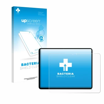 Face avant d’un emballage produit avec le logo de la marque upscreen. À côté, l’appareil Apple iPad Air 13