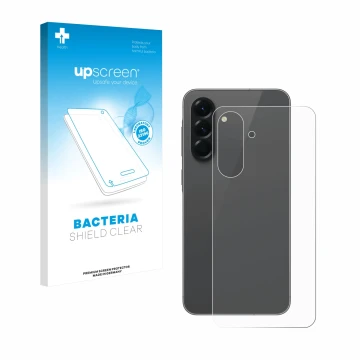 Face avant d’un emballage produit avec le logo de la marque upscreen. À côté, l’appareil Samsung Galaxy A56 5G (Arrière) est r