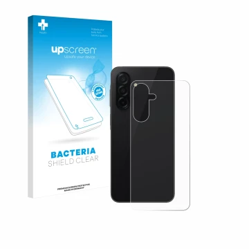 Face avant d’un emballage produit avec le logo de la marque upscreen. À côté, l’appareil Samsung Galaxy A26 5G (Arrière) est r