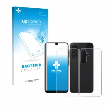 Face avant d’un emballage produit avec le logo de la marque upscreen. À côté, l’appareil Samsung Galaxy A26 5G (Avant+Arrière)