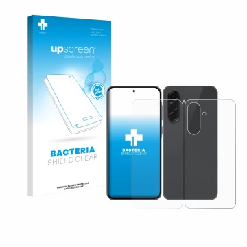 Face avant d’un emballage produit avec le logo de la marque upscreen. À côté, l’appareil Samsung Galaxy A36 5G (Avant+Arrière)