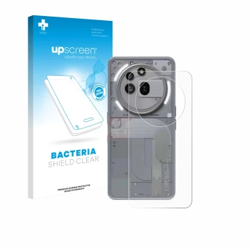 Face avant d’un emballage produit avec le logo de la marque upscreen. À côté, l’appareil Nothing Phone (3a) Pro (Arrière) est 