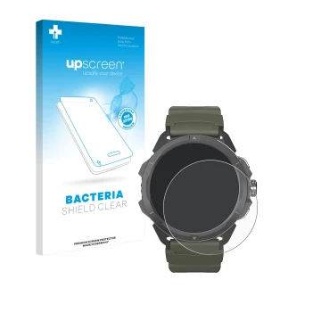 Face avant d’un emballage produit avec le logo de la marque upscreen. À côté, l’appareil Hammer Watch 2 Military Edition est r