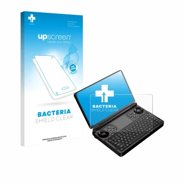 Face avant d’un emballage produit avec le logo de la marque upscreen. À côté, l’appareil GPD Win Mini (2025) est représenté av