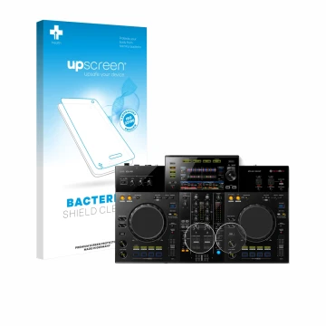 Face avant d’un emballage produit avec le logo de la marque upscreen. À côté, l’appareil Pioneer XDJ -RR (Jog) est représenté 