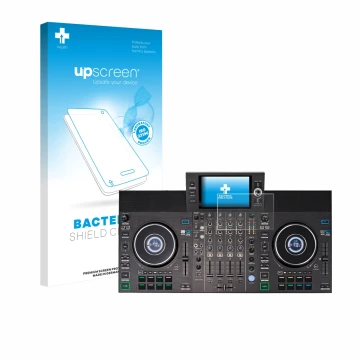 Face avant d’un emballage produit avec le logo de la marque upscreen. À côté, l’appareil Denon DJ SC LIVE 4 (Jog) est représen