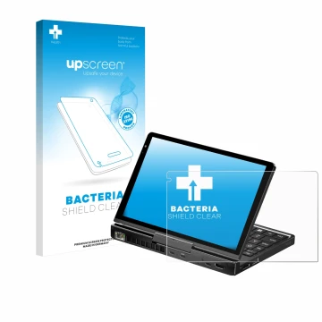 Face avant d’un emballage produit avec le logo de la marque upscreen. À côté, l’appareil GPD Pocket 4 est représenté avec la p