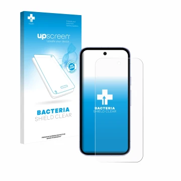 Face avant d’un emballage produit avec le logo de la marque upscreen. À côté, l’appareil Google Pixel 9a est représenté avec l