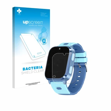 Face avant d’un emballage produit avec le logo de la marque upscreen. À côté, l’appareil Noctiluxia 4G Kids Smartwatch est rep