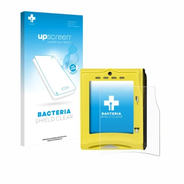 Face avant d’un emballage produit avec le logo de la marque upscreen. À côté, l’appareil Nayax VPOS TOUCH est représenté avec 