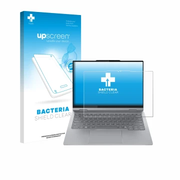 Face avant d’un emballage produit avec le logo de la marque upscreen. À côté, l’appareil Lenovo ThinkBook 14 2-in-1 Gen 5 est 