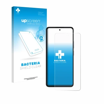Face avant d’un emballage produit avec le logo de la marque upscreen. À côté, l’appareil realme 14 est représenté avec la prot