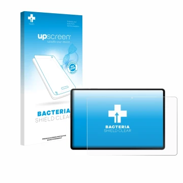 Face avant d’un emballage produit avec le logo de la marque upscreen. À côté, l’appareil Samsung Galaxy Tab S10 FE+ WiFi est r