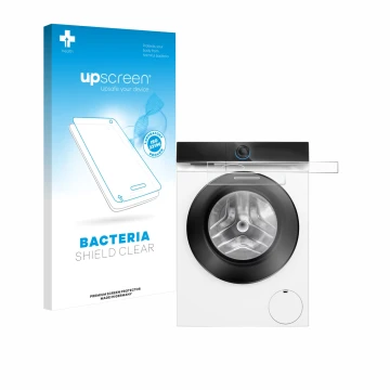 Face avant d’un emballage produit avec le logo de la marque upscreen. À côté, l’appareil Siemens WG56B2041 IQ700 Touchdisplay 