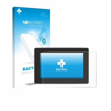 Face avant d’un emballage produit avec le logo de la marque upscreen. À côté, l’appareil Tesla Model Y Juniper 2025 est représ