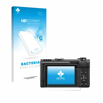 Face avant d’un emballage produit avec le logo de la marque upscreen. À côté, l’appareil Canon PowerShot V1 est représenté ave