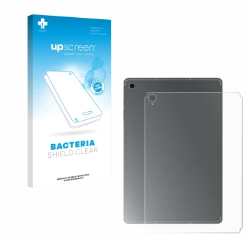 Face avant d’un emballage produit avec le logo de la marque upscreen. À côté, l’appareil Samsung Galaxy Tab S10 FE+ (Arrière) 