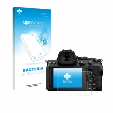 Face avant d’un emballage produit avec le logo de la marque upscreen. À côté, l’appareil Nikon Z5 II est représenté avec la pr