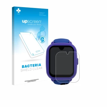 Face avant d’un emballage produit avec le logo de la marque upscreen. À côté, l’appareil SaveFamily Iconic Plus 2 4G est repré