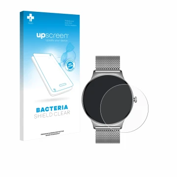 Face avant d’un emballage produit avec le logo de la marque upscreen. À côté, l’appareil Pireware Slim Smartwatch est représen