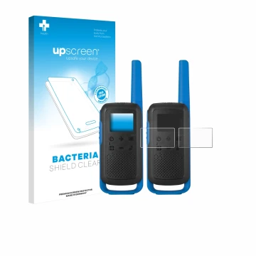 Face avant d’un emballage produit avec le logo de la marque upscreen. À côté, l’appareil Motorola TALKABOUT T62 est représenté