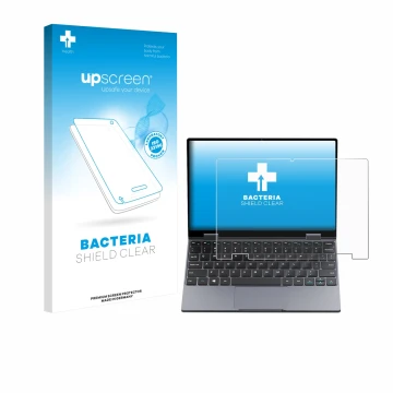 Face avant d’un emballage produit avec le logo de la marque upscreen. À côté, l’appareil Chuwi MiniBook X N150 est représenté 